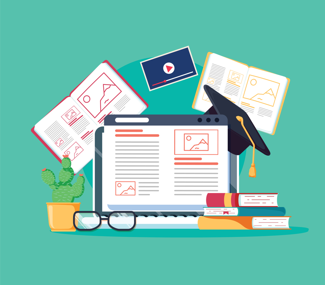 Online tutoring concept. E-books, internet courses process. Vector illustration. Staff education, consulting college or education app. Modern concepts for website or advertising. Remote university